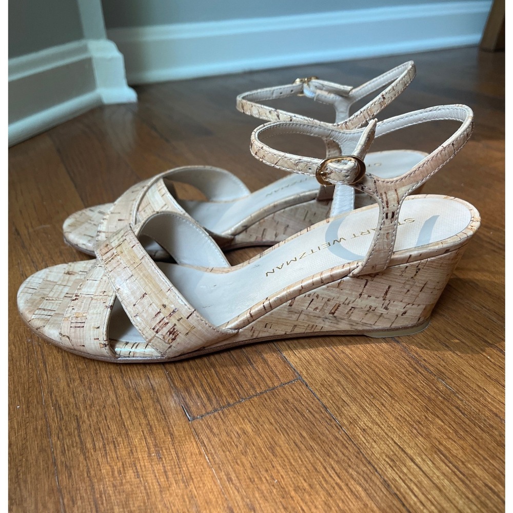 Stuart Weitzman Dayna Ankle Strap Wedge Sandal Cork Tan Size 9.5